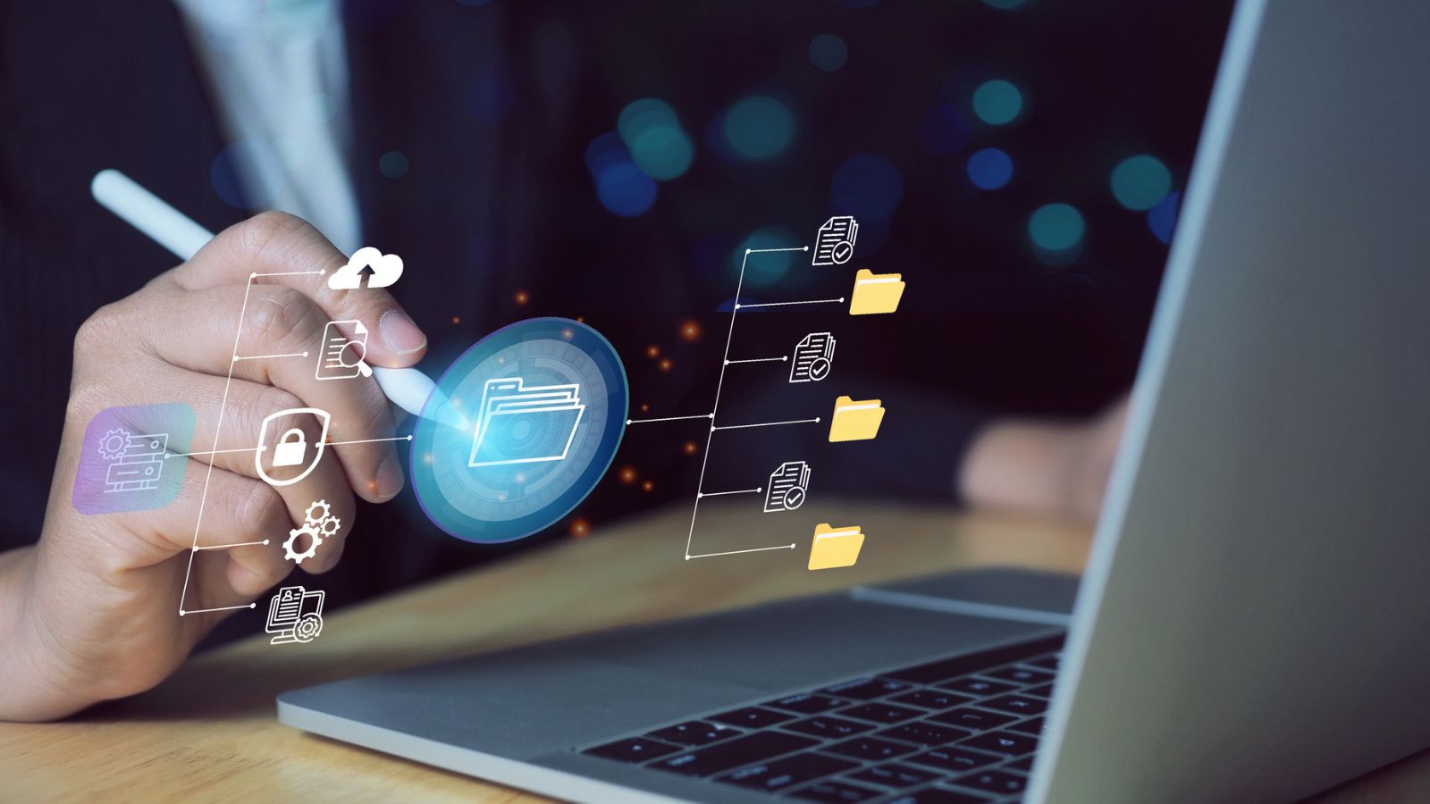 Open document folder with files in motion, illustrating data quality, labeling, and governance workflows