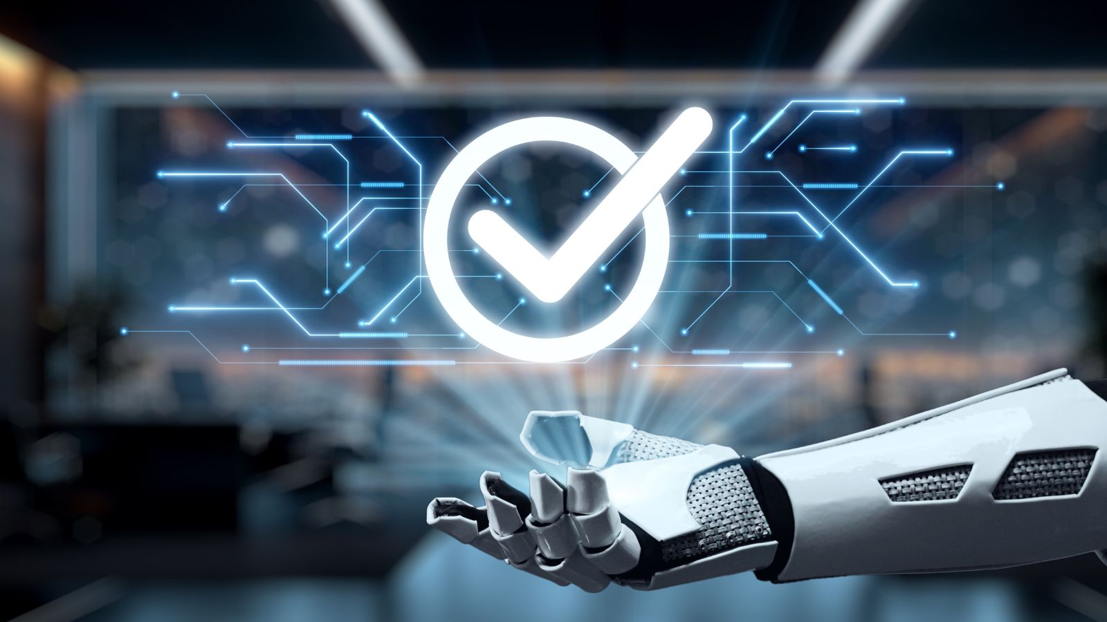 Robotic hand holding a glowing checkmark, representing AI quality validation and governance
