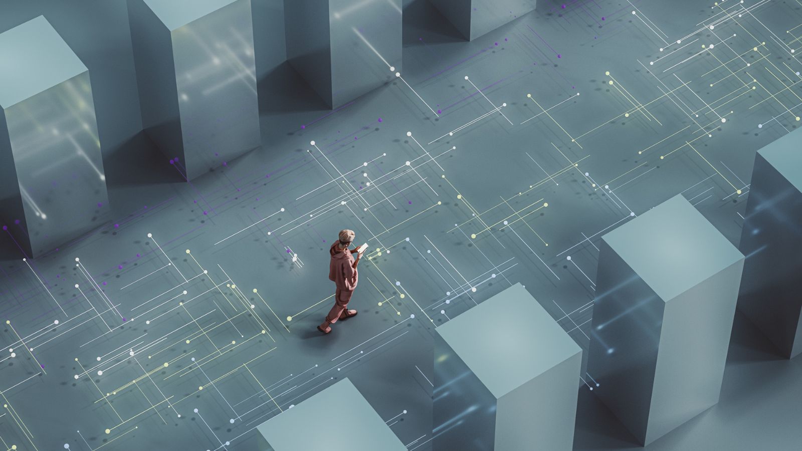 Woman wearing VR headset in a virtual environment, representing global AI systems and language data needs