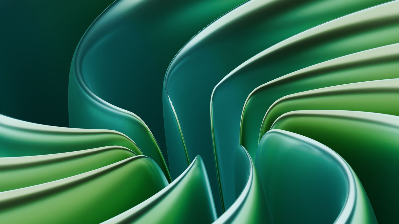 Futuristic green metallic 3D gradient waves symbolizing fluid data processing and advanced AI technology.