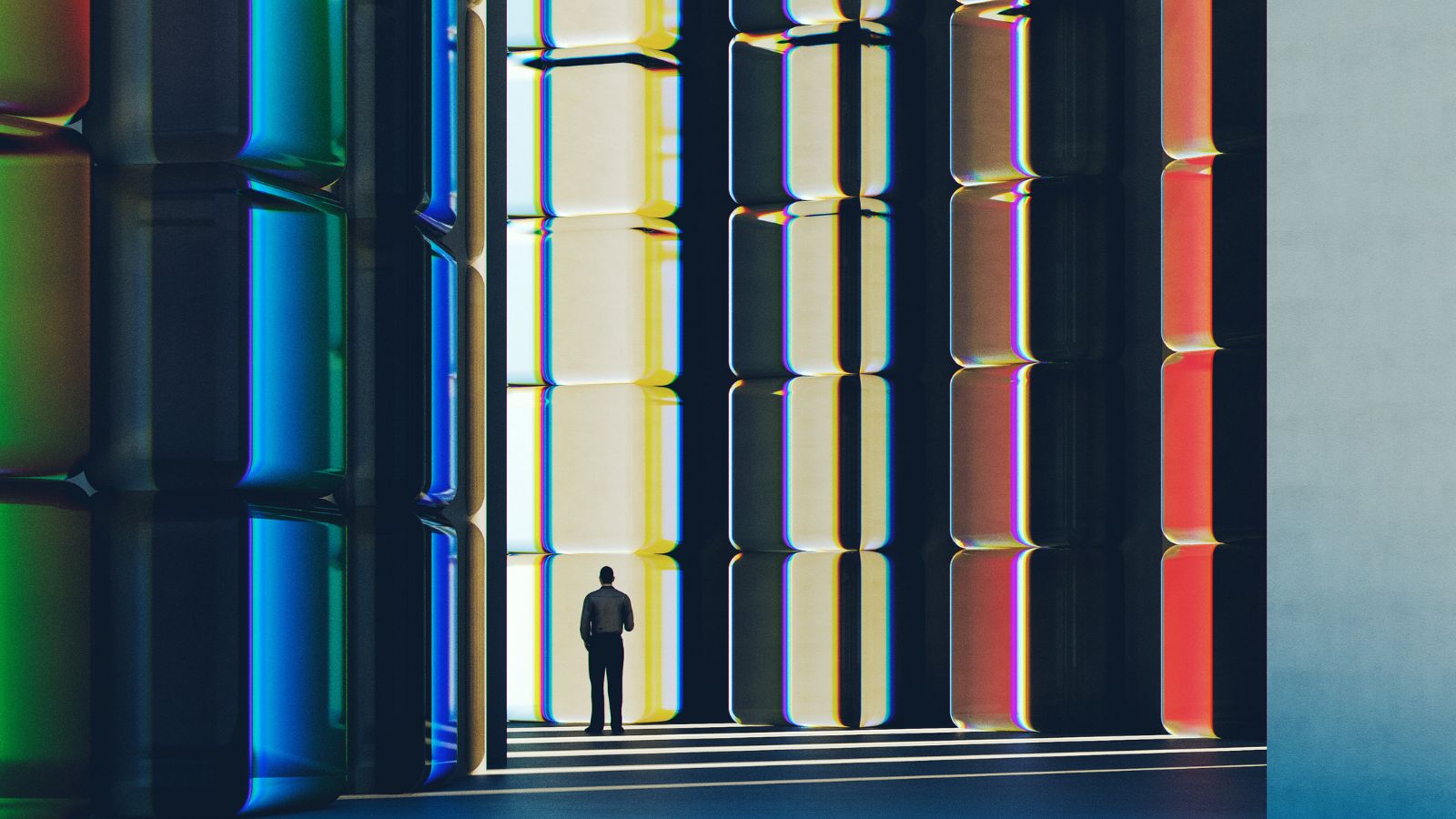 A businessperson standing before a futuristic glass and concrete architectural structure representing the infrastructure layer underpinning enterprise AI systems